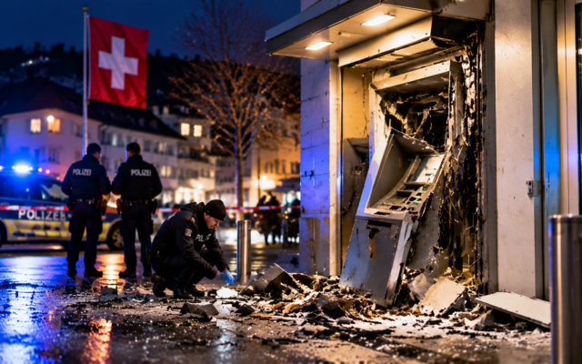 சுவிட்சர்லாந்தில் ஏடிஎம் வெடிப்பு: நெதர்லாந்தில் மூவர் கைது! 4 Swiss ATM Crime Scene at Night